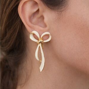 Vintage Cream Enamel Bow Clip-on Drop Earrings - Gold tone Feminine Statement